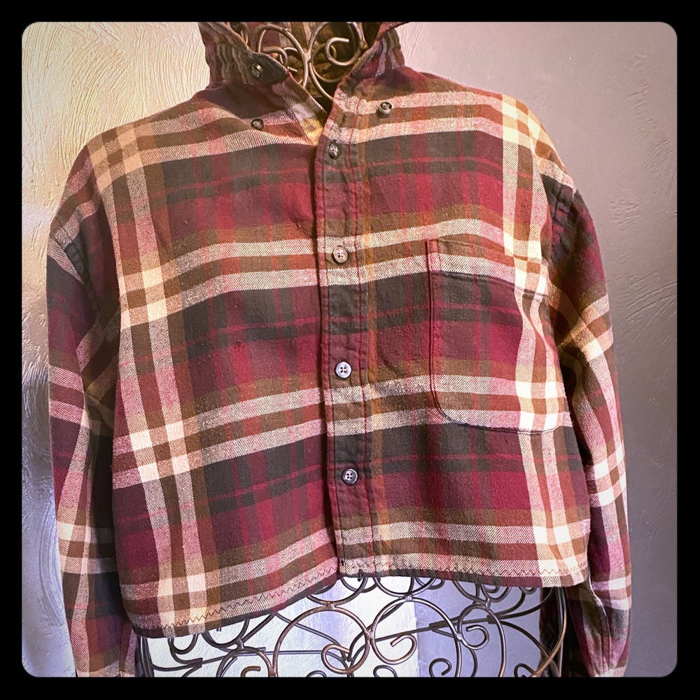 Cropped Flannel Shirt / Burgundy & Brown / sz. M